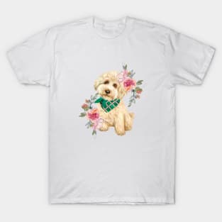 Cute Gold Labradoodle Puppy Dog with Flowers Watercolor Art T-Shirt